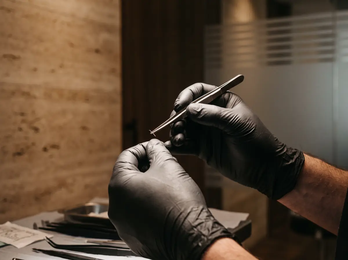 Mãos com luvas pretas segurando uma pinça de precisão