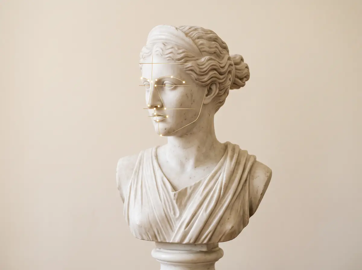Busto de mármore com linhas douradas de análise das proporções faciais
