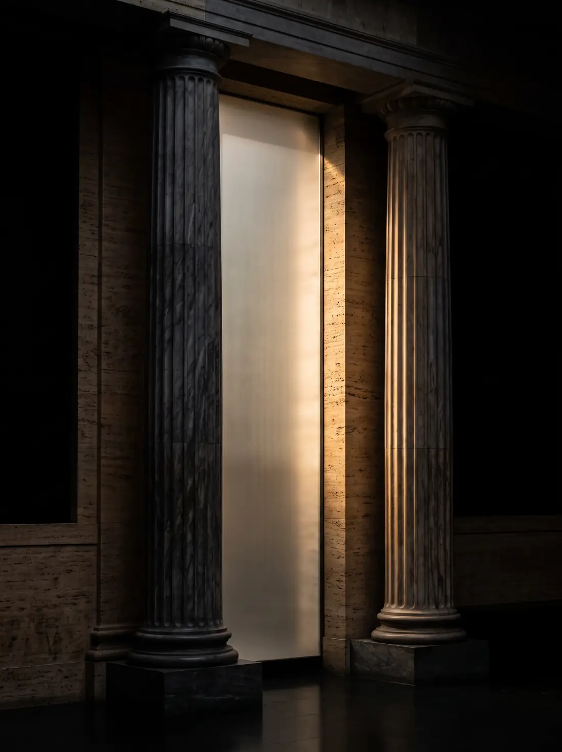 Colunas clássicas e travertino com um painel de vidro fosco sob luz dourada